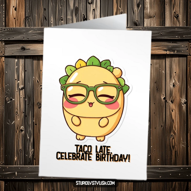 Funny Free Printable Birthday Card featuring a sleepy taco character with oversized glasses, looking ready for a nap.