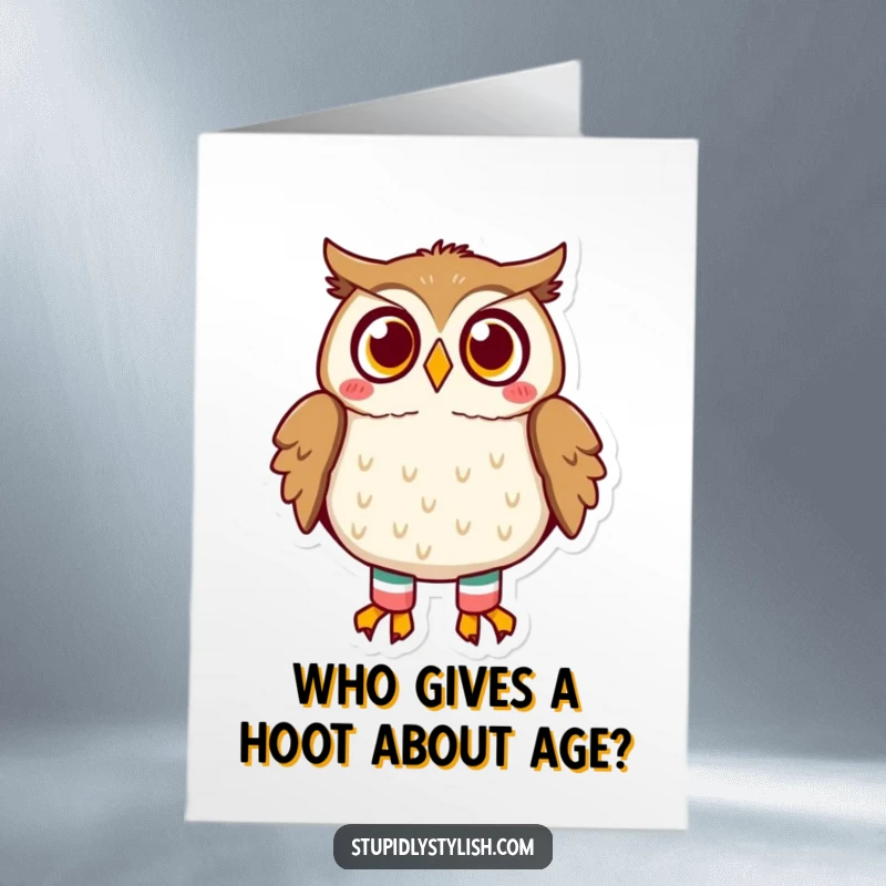 Funny Free Printable Birthday Card featuring a shocked owl with wide eyes wearing brightly patterned mismatched socks, ready for a party.