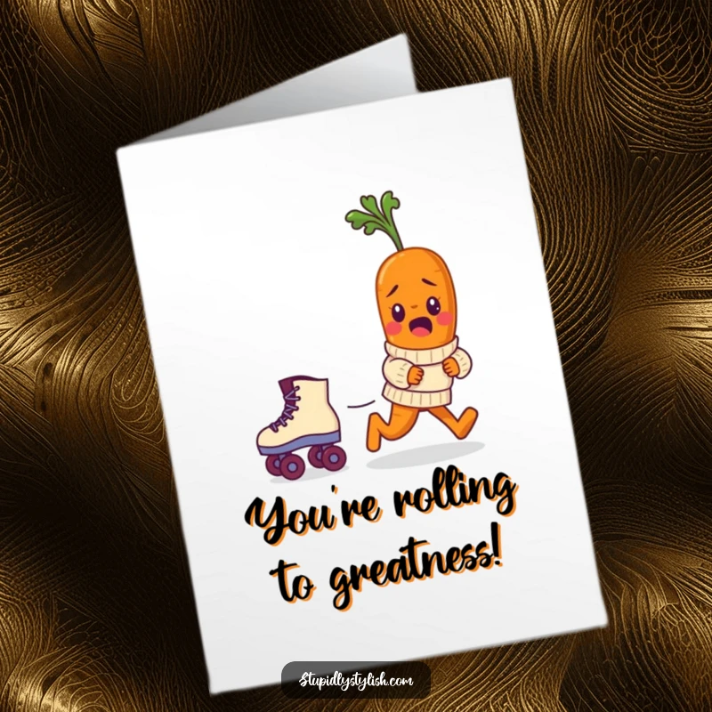 Funny free printable congratulations card: A bewildered baby carrot wearing a tiny sweater comically pursues a runaway roller skate, celebrating success.