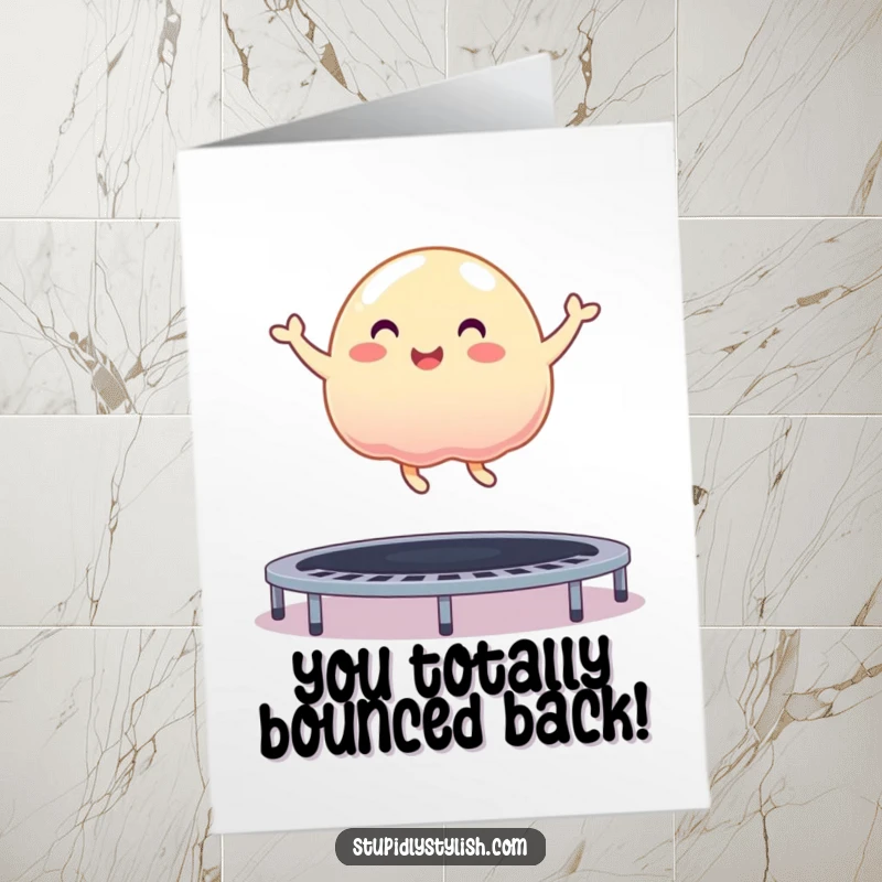 Funny Free Printable Congrats Card: Enthusiastic jelly blob gleefully bouncing on a trampoline, celebrating an achievement.