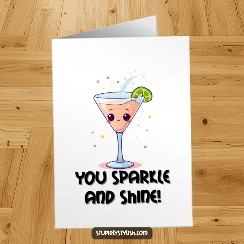 Funny Free Printable Congratulations Card showing a cocktail glass character dancing enthusiastically and scattering shimmering glitter.