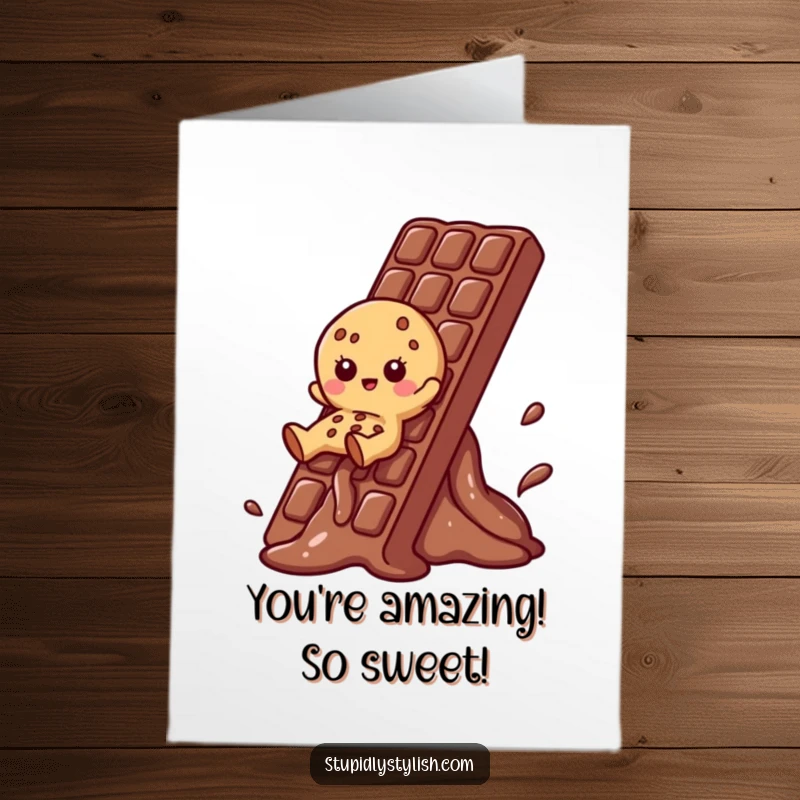 Funny Free Printable Congratulations Card: Playful cookie character having fun sliding down a melting chocolate bar, celebrating achievement.