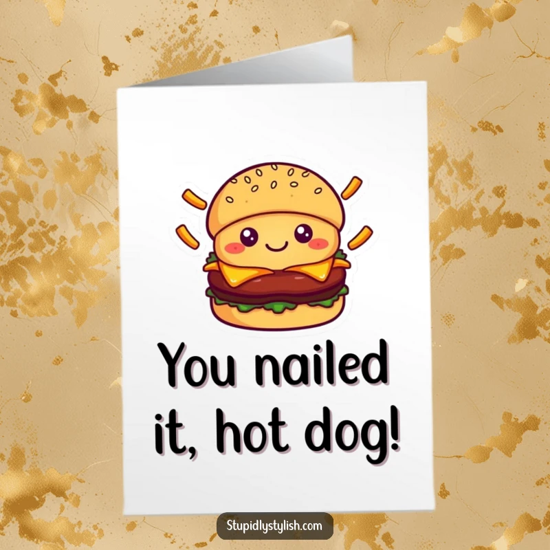 Funny Free Printable Congratulations Card: A cheerful kawaii burger character juggling falling fries, celebrating an achievement.