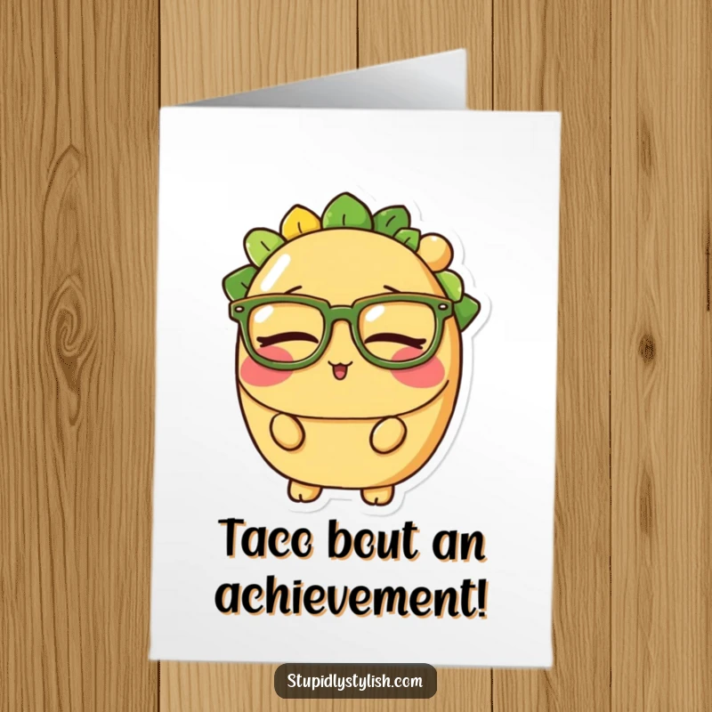 Funny Free Printable Congratulations Card showing a drowsy taco character in large glasses, celebrating a quiet success.