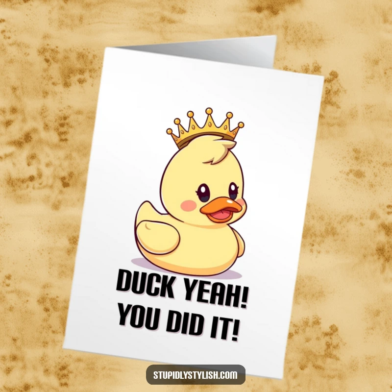 Funny Free Printable Congratulations Card: A surprised rubber duck sports a tiny crown, celebrating a grand occasion.