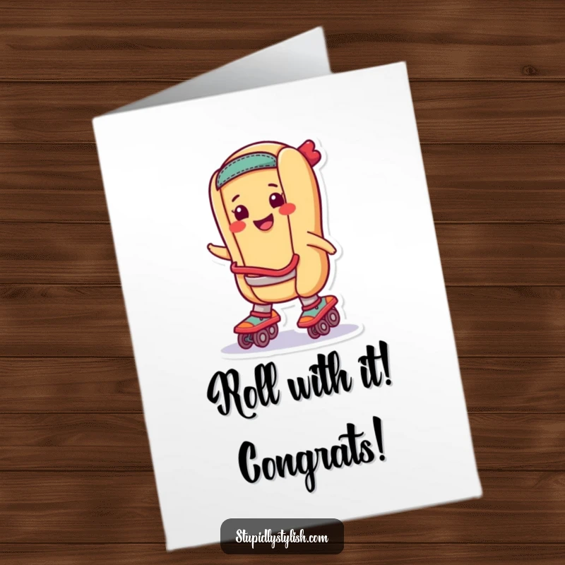 Funny Free Printable Congratulations Card: A hot dog wearing roller skates speeds to victory, celebrating success.