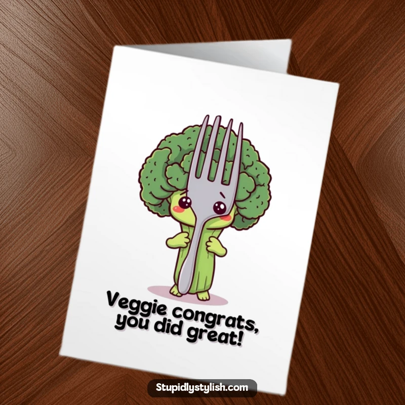 Funny Free Printable Congratulations Card: Scared broccoli character hiding behind a giant fork, expressing surprise at achievements.
