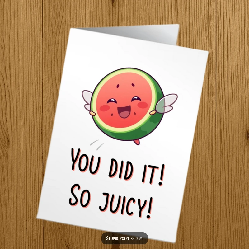 Funny Free Printable Congratulations Card: A cheerful watermelon slice mid-flight, celebrating an achievement with pure joy.