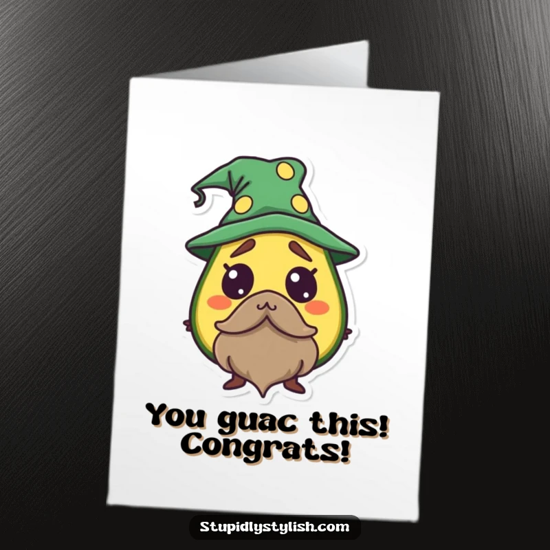 Funny Free Printable Congratulations Card: Startled avocado character in a wizard hat and beard, reacting humorously to success.