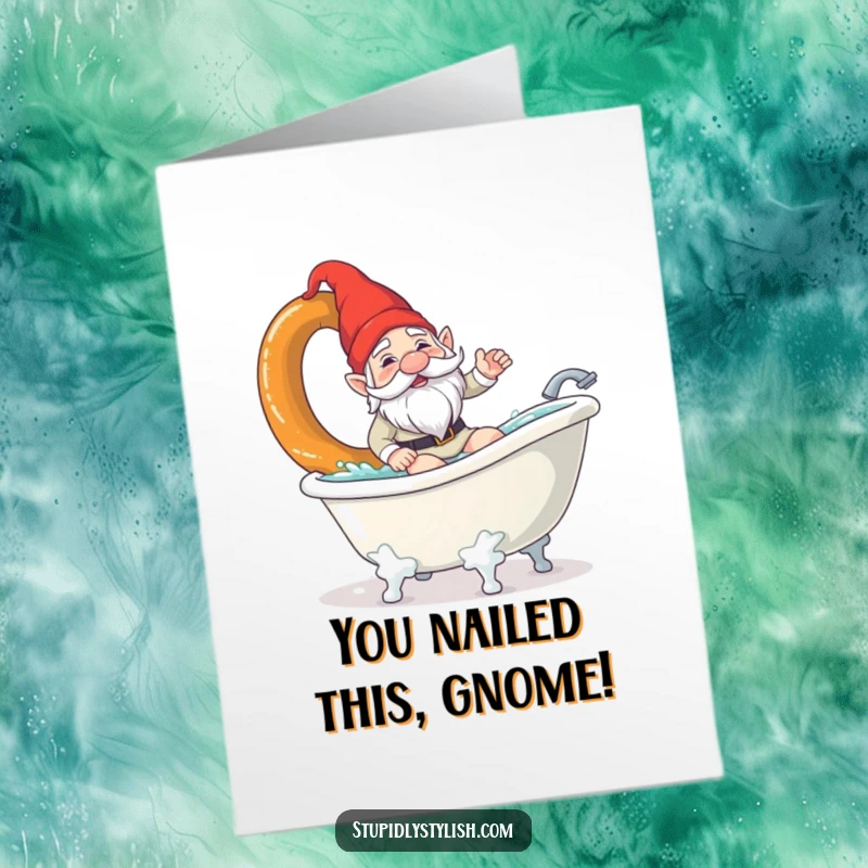 Funny Free Printable Congrats Card: Confused garden gnome surfs a giant pretzel in a bathtub, celebrating a bizarre victory.