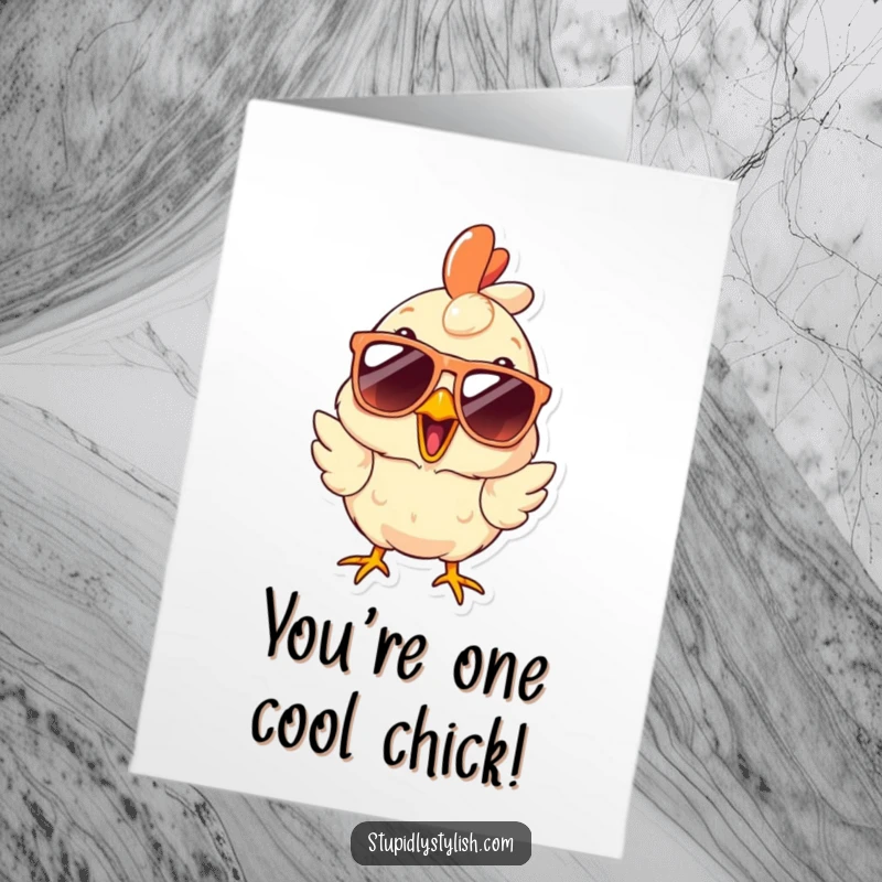 Funny Free Printable Congratulations Card featuring a surprised chicken wearing massive sunglasses, signifying awesome news.