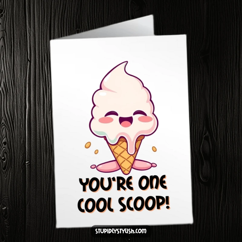 Funny Free Printable Congratulations Card showing a giggling ice cream cone melting spectacularly to express delight.