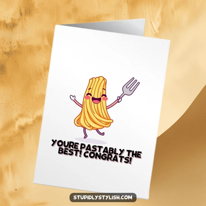 Funny Free Printable Congrats Card: A happy spaghetti strand doing a lively dance with a fork, expressing pure celebration.