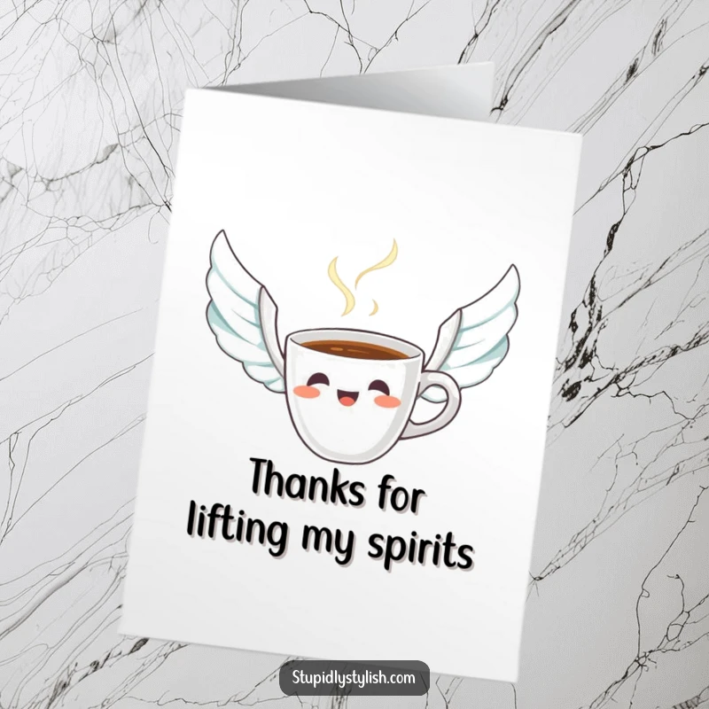 Funny Free Printable Thank You Card: Startled coffee cup with steam wings, conveying surprise and thanks, DIY present.