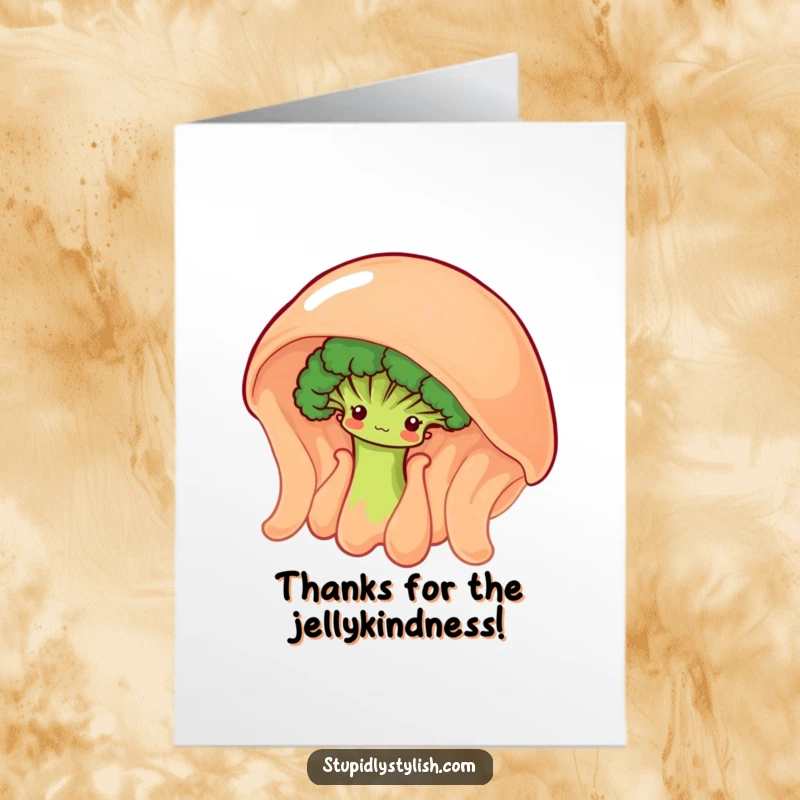 Funny Free Printable Thank You Card: a shy broccoli floret peeking from behind a giant wobbly jelly, offering sweet thanks.
