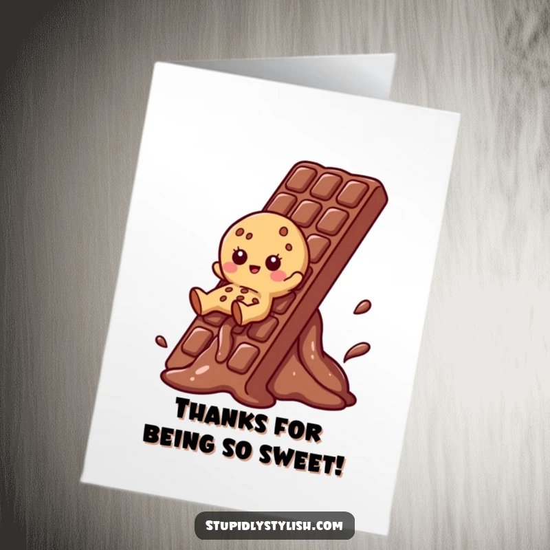 Funny Free Printable Thank You Card: A playful cookie character sliding down a giant melting chocolate bar, offering sweet thanks.