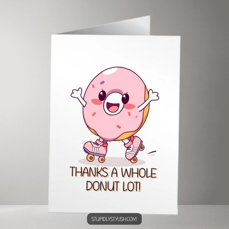 Funny Free Printable Thank You Card: A cheerful donut character wearing roller skates, spinning joyfully to express thanks.