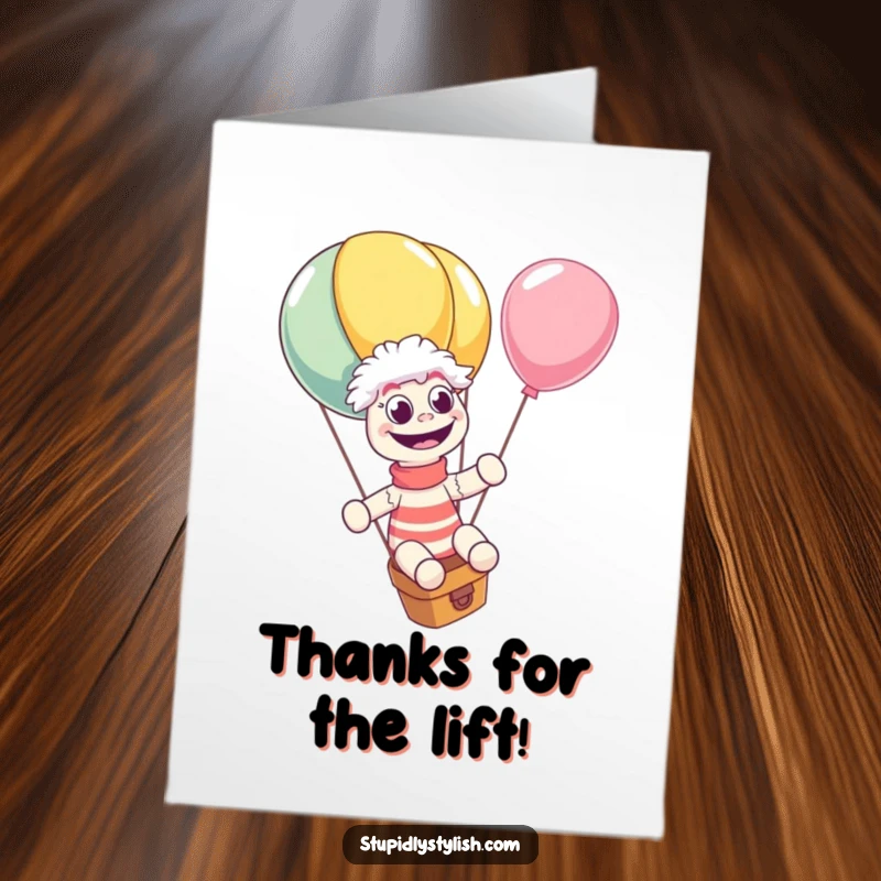 Funny Free Printable Thank You Card: Giggling sock puppet rides a giant runaway balloon, expressing thanks.