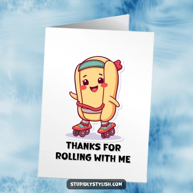 Funny Free Printable Thank You Card: A smiling hot dog on roller skates, delivering thanks with flair.