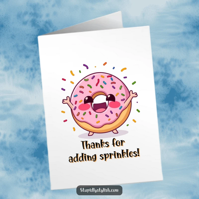 Funny Free Printable Thank You Card of an excited donut juggling sprinkles, adding a playful touch to thanks.