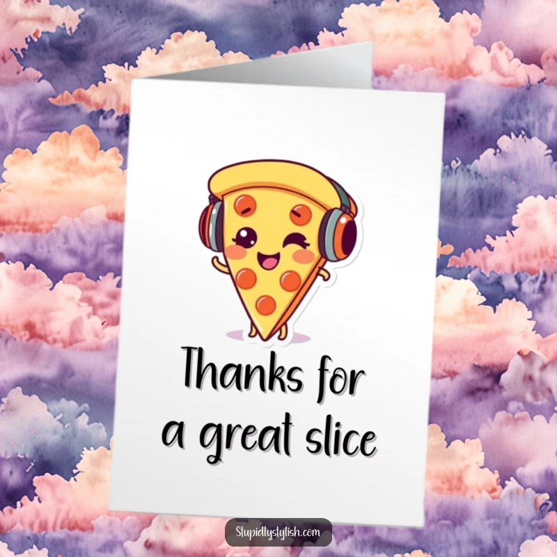 Funny Free Printable Thank You Card: A giggling pizza slice wearing headphones, sending musical thank you vibes with a happy expression.