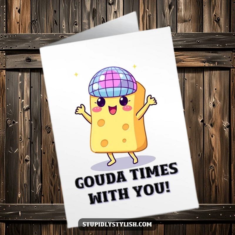 Funny Free Printable Thank You Card: A piece of cheese is dancing joyfully under a disco ball.