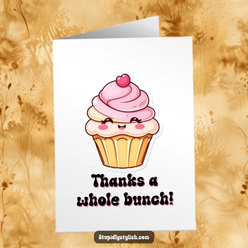 Free Printable Thank You Card: A chic cupcake character with elaborate frosting offers sweet thanks. Printable.
