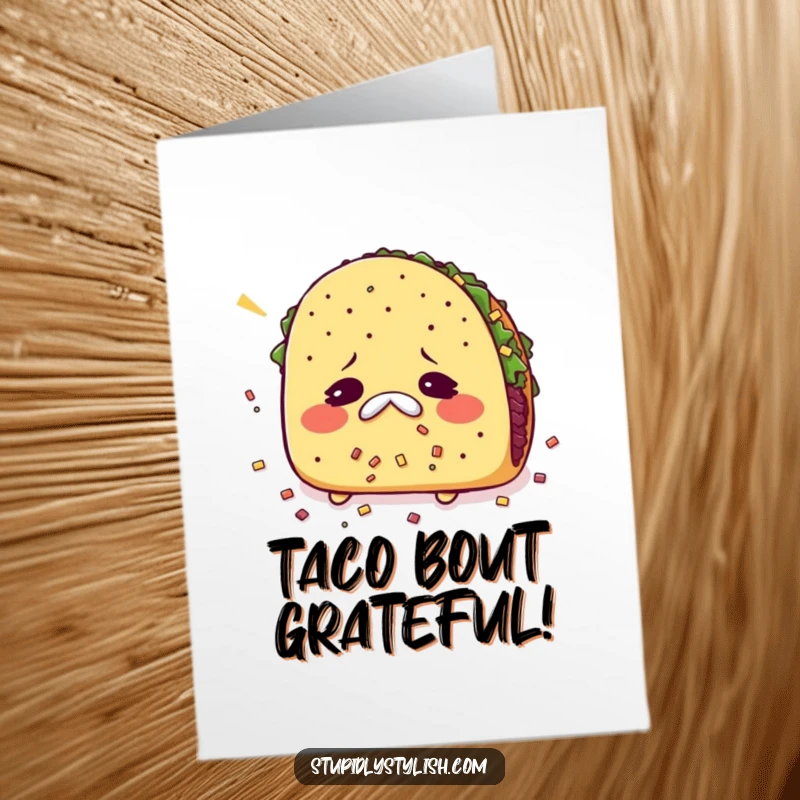 Funny Free Printable Thank You Card: A taco is sneezing with its fillings scattering, expressing thanks hilariously.