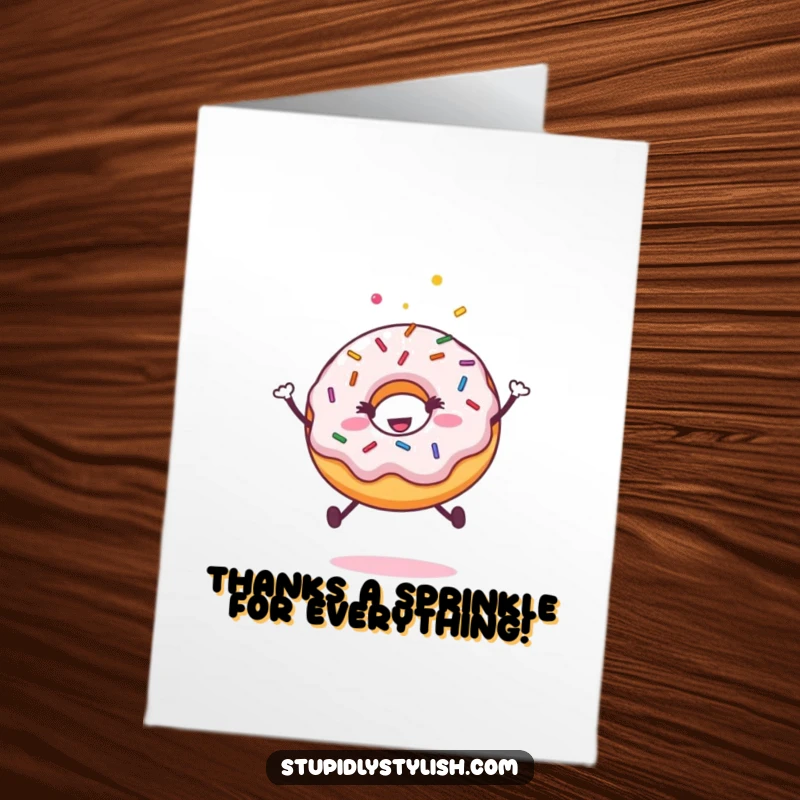 Funny Free Printable Thank You Card: A cheerful donut covered in sprinkles in mid-air, expressing thanks with pure delight.