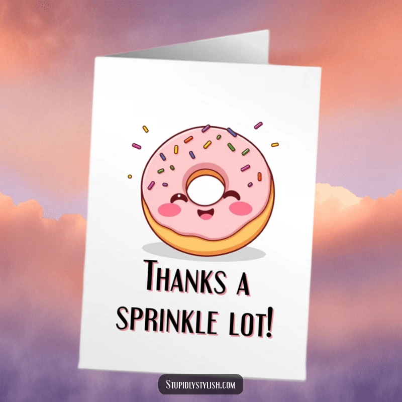 Funny Free Printable Thank You Card: Giggling donut with sprinkles flying, showing appreciation with a smile, DIY present.