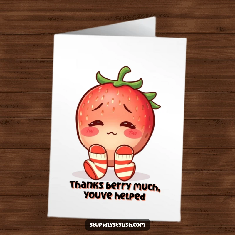 Funny Free Printable Thank You Card: A blushing strawberry, a bit confused but grateful, wearing mismatched socks, perfect for thank yous.