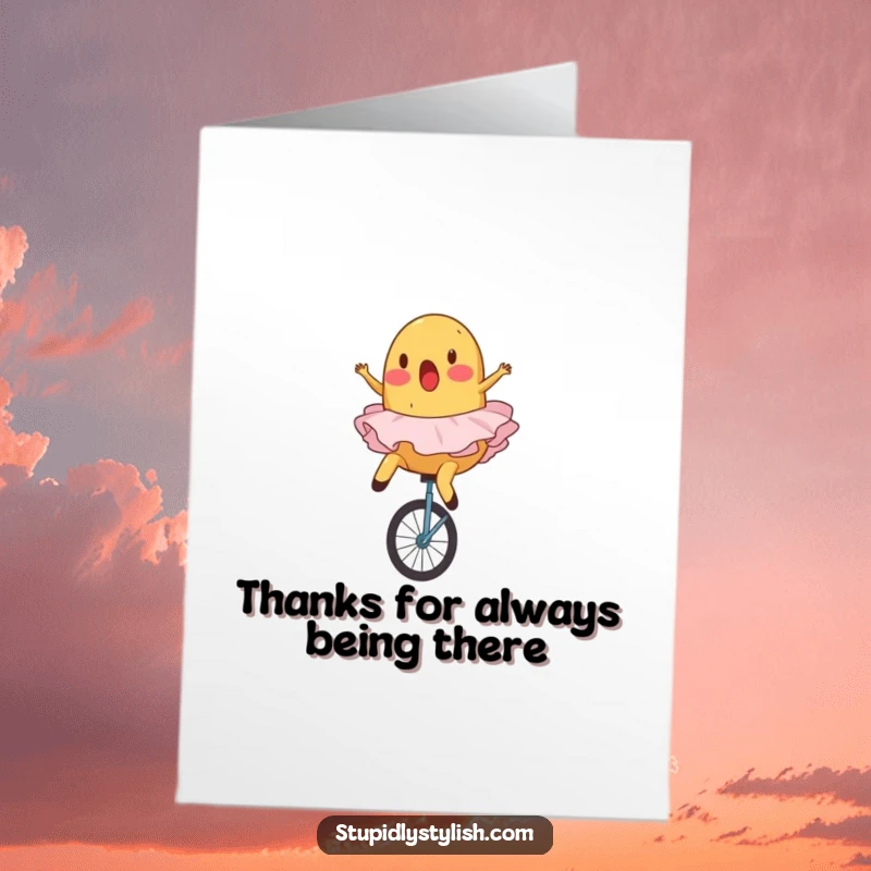 Funny Free Printable Thank You Card: A surprised potato in a ballet tutu tumbling off a unicycle, conveying thanks with humor.