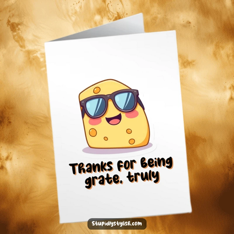 Funny Free Printable Thank You Card: A beaming cheese wedge wearing oversized sunglasses, offering a giggly thank you.