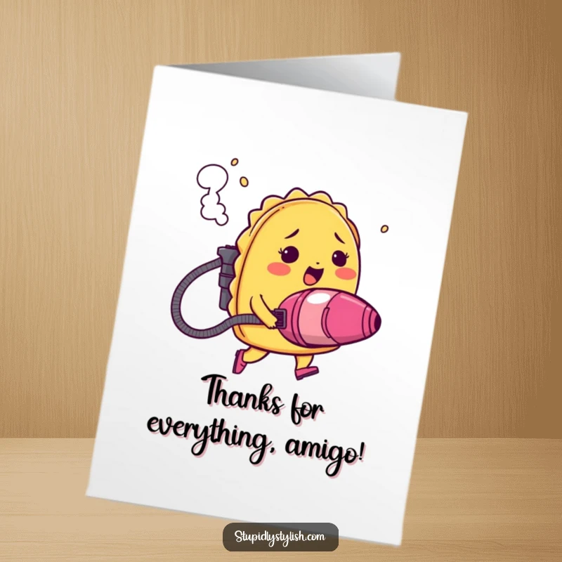 Funny free printable thank you card: A blushing taco flies with a vacuum cleaner jetpack, smoke billowing behind.