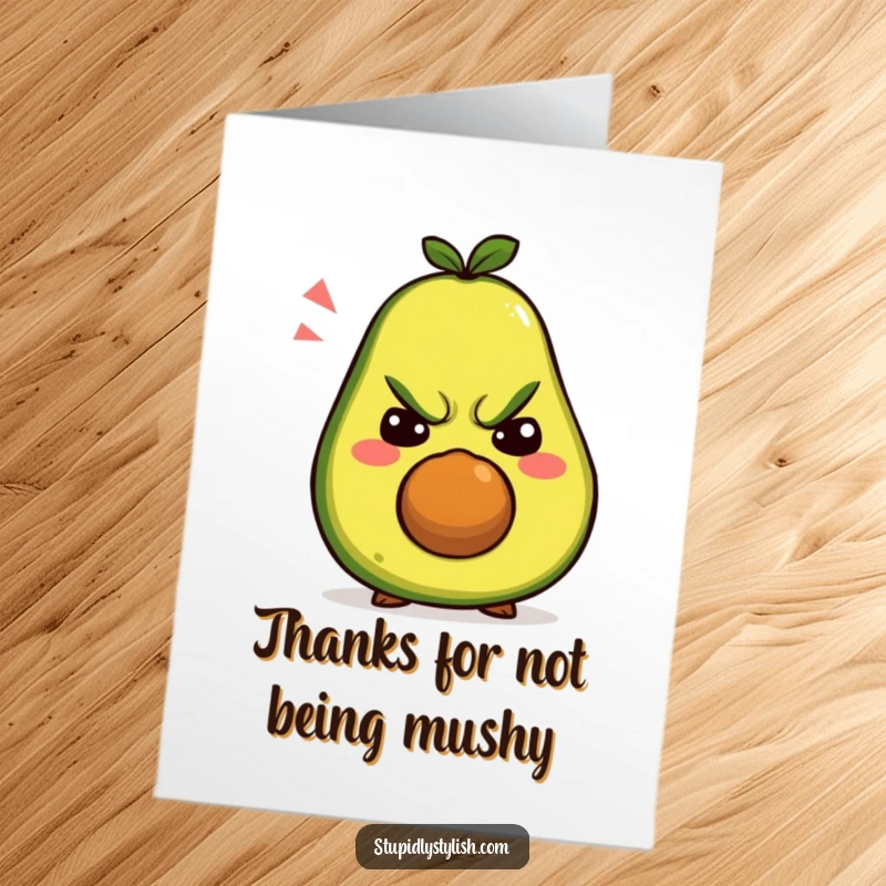Funny Free Printable Thank You Card with a grumpy avocado character displaying various comical and silly facial expressions.