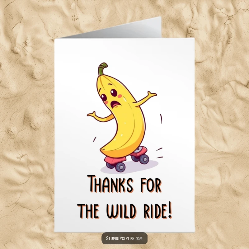 Funny Free Printable Thank You Card depicting a banana spectacularly failing at roller skating, spinning wildly.