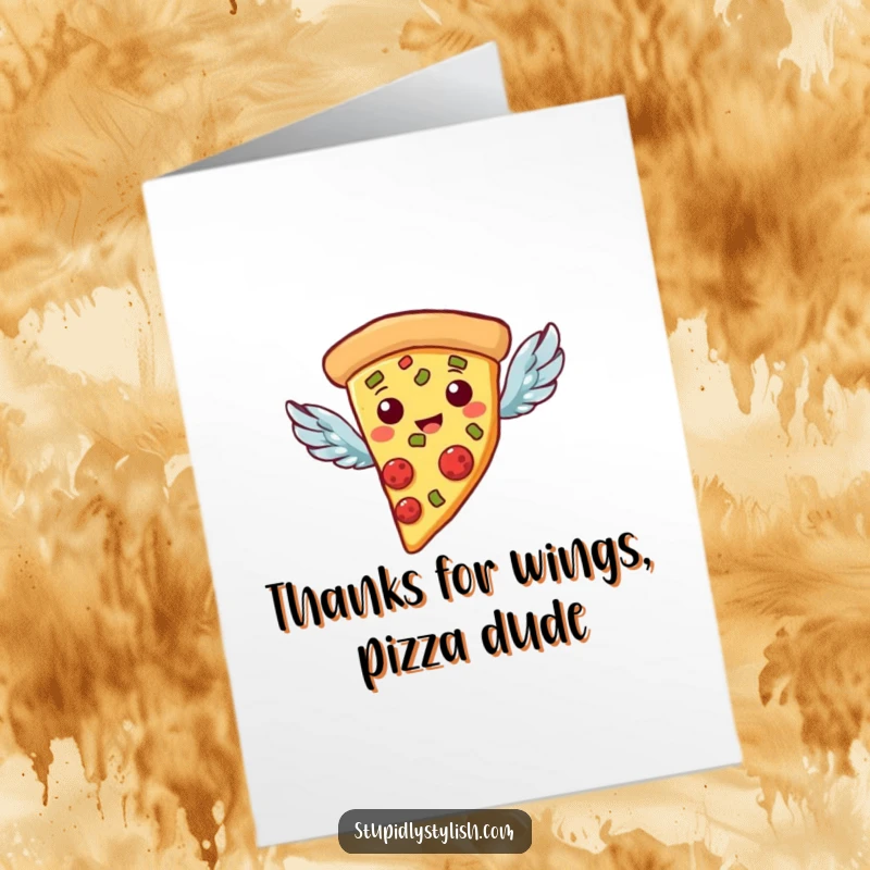 Funny Free Printable Thank You Card: A flying slice of pizza with tiny wings, delivering a heartfelt thank you.