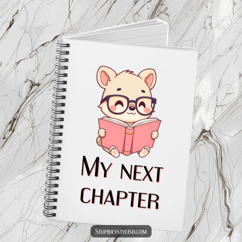 Cute animal character with tiny glasses, reading a large book, perfect for a notebook that inspires intellectual curiosity and humor.