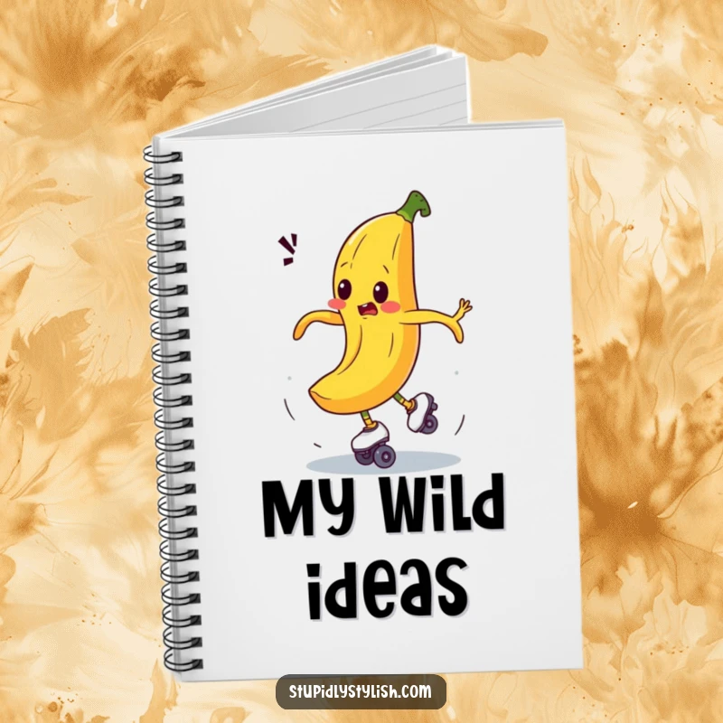 Funny notebook with a bewildered banana comically spinning out of control on roller skates, perfect for notes and wacky brainstorming.