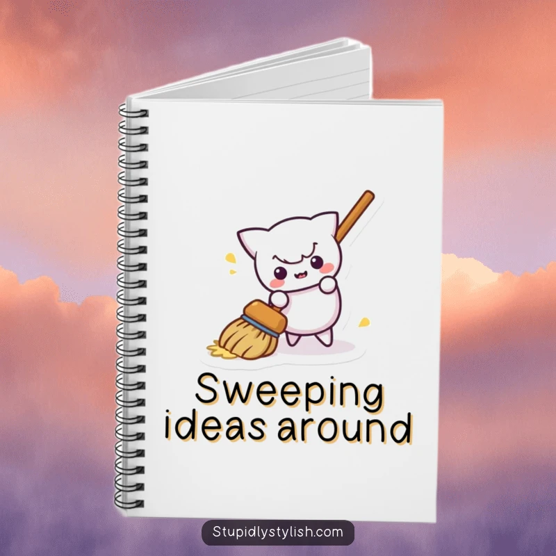 Funny notebook featuring a mischievous broom amusingly sweeping itself away, ideal for note-taking with a touch of humor.