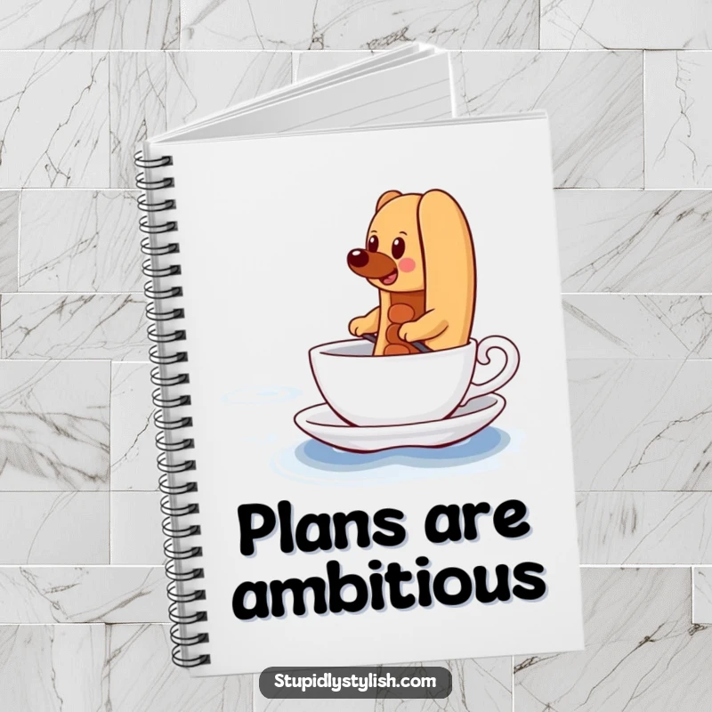 Funny Notebook with a determined hot dog comically paddling a teacup across a vast ocean, ready for notes and grand plans.