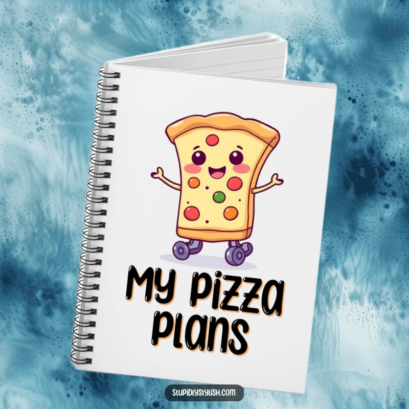 Funny smiling slice of pizza wearing tiny roller skates, a cute and humorous notebook for jotting ideas.