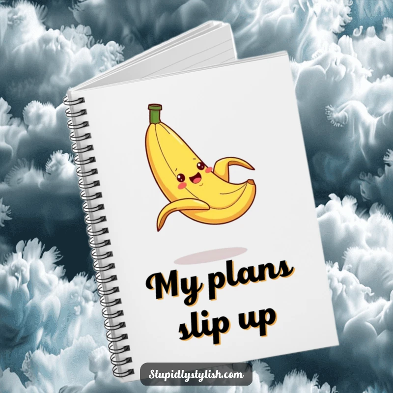 Funny Notebook cover with a silly banana dramatically slipping on a peel, inspiring creative thoughts and humorous note-taking sessions.