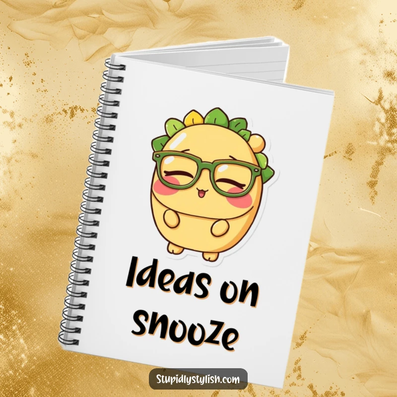 Funny notebook cover featuring a sleepy taco character wearing large glasses, encouraging note-taking with a humorous, tired vibe.