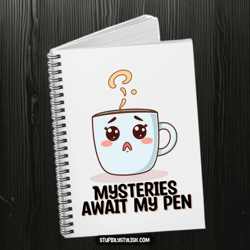 Funny notebook with a surprised coffee mug and question mark steam. Ideal for notes and ideas.