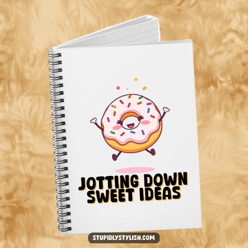 Funny notebook cover with a happy donut covered in sprinkles executing a joyful jump, inspiring creativity and sweet thoughts.