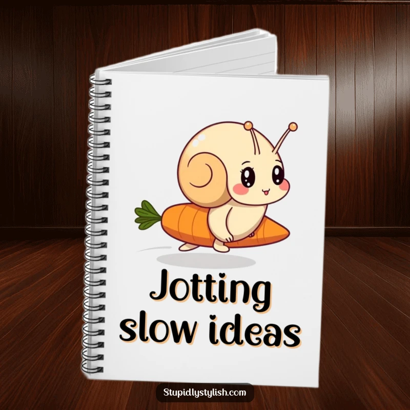 Funny notebook featuring a determined snail racing a carrot, ideal for jotting notes with a humorous and motivational theme.