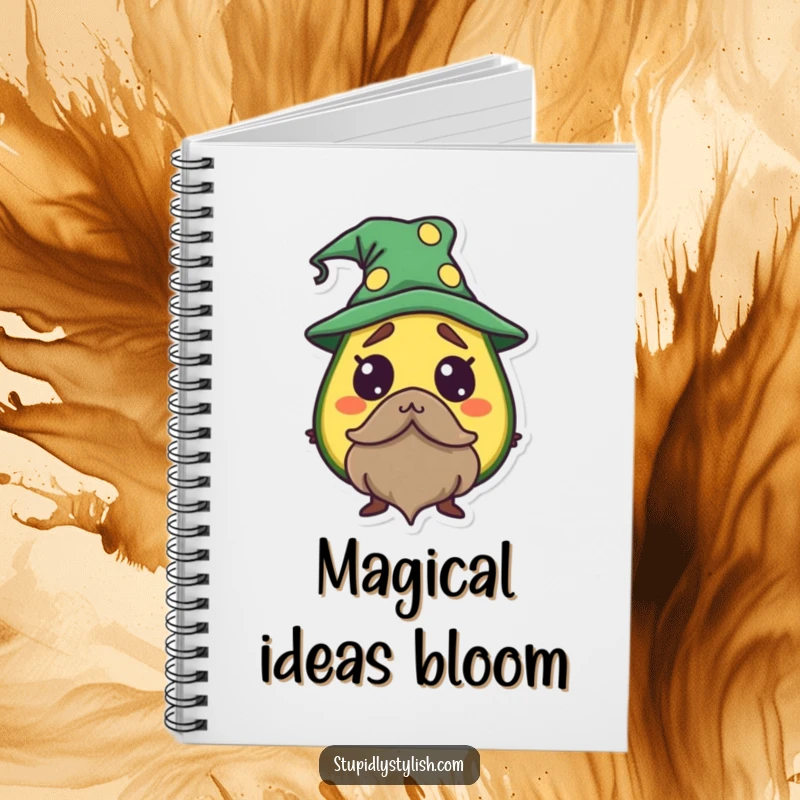 Funny Avocado Wizard Notebook featuring a startled avocado as a wizard, ideal for jotting down spells.