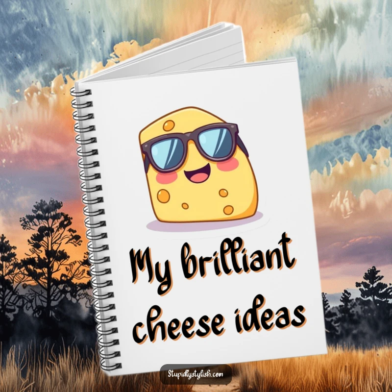 Funny notebook with a tiny, giggling cheese wedge in oversized sunglasses, designed for jotting down witty notes and ideas.