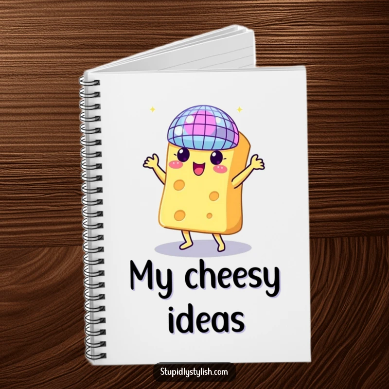 Funny notebook cover with a cheese character dancing with a disco ball, ideal for notes and creative writing.
